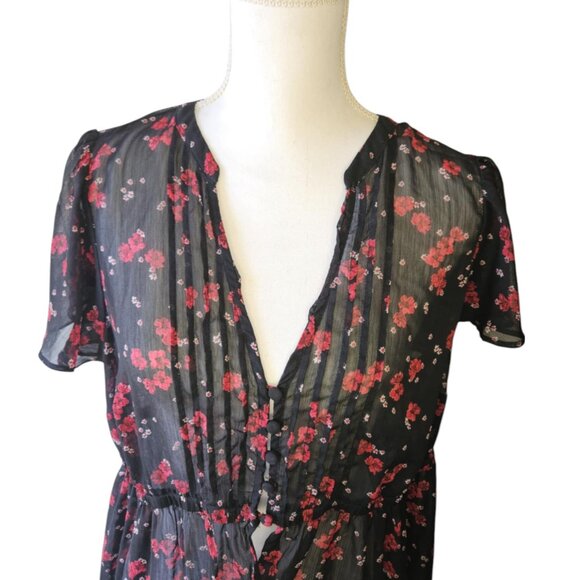 Torrid Chiffon 00 Maxi High-Low Blouse Topper Black Red Floral Roses - Picture 2 of 3